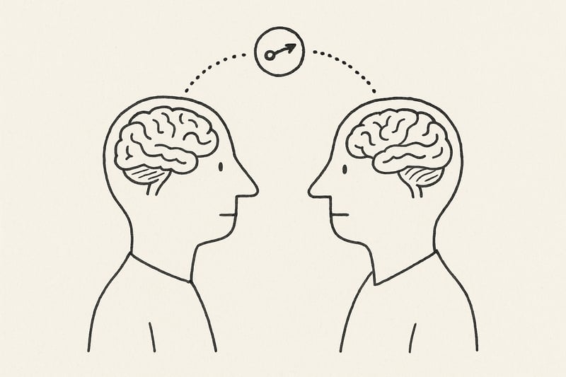 Two teammates with simple line-drawn brains linked by a dotted arc, hinting at empathy wiring, with a tiny spinner cue suggesting fair, low-effort turns.